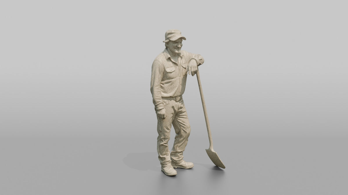 Farmer Leaning On Long Wooden Shovel - wireframe topology preview