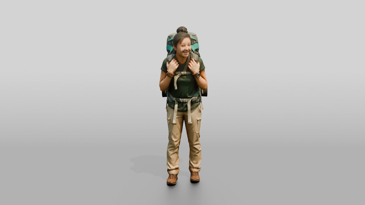 Young Woman Hiker with Large Teal Trekking Backpack Smiling - 3D character model, view 5