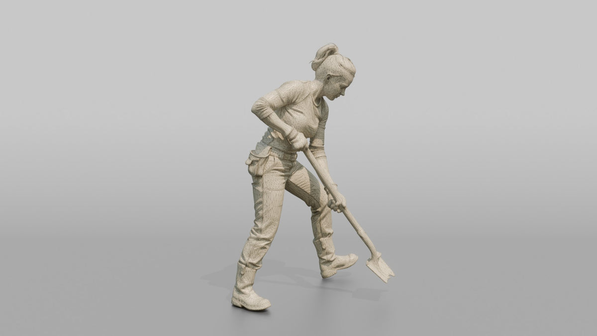 Farmer Digging Into Fresh Soil Heavy Trench - wireframe topology preview