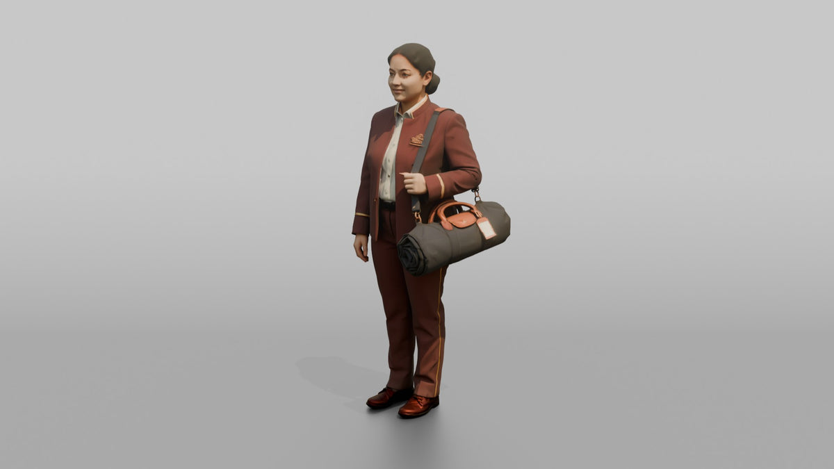 Bellhop Woman Carrying A Rolled Travel Bag Over One Shoulder - 3D character model, view 4