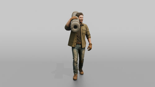 Farmer Carrying Heavy Roll Of Wire Mesh Fencing