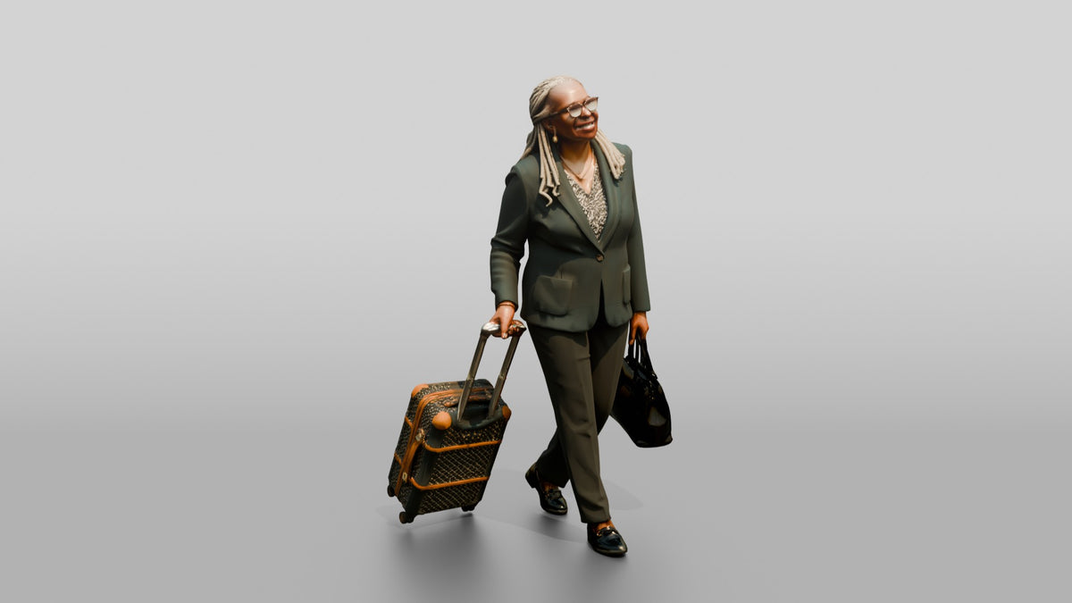 Elderly Black Woman in Green Blazer with Patterned Luggage - 3D character model, view 1