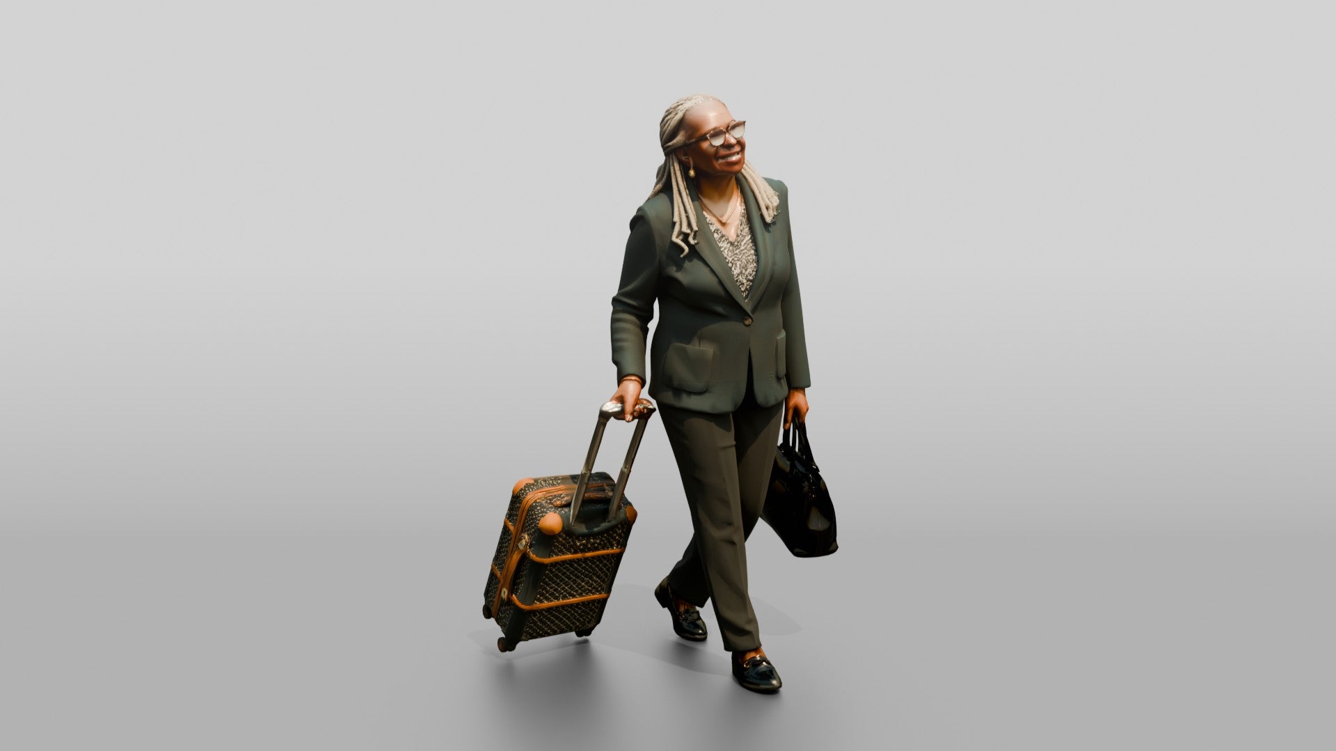 Elderly Black Woman in Green Blazer with Patterned Luggage