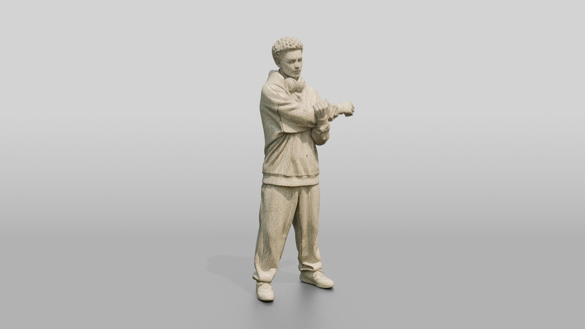 Man Stretching Arms in Oversized Hoodie - wireframe topology preview