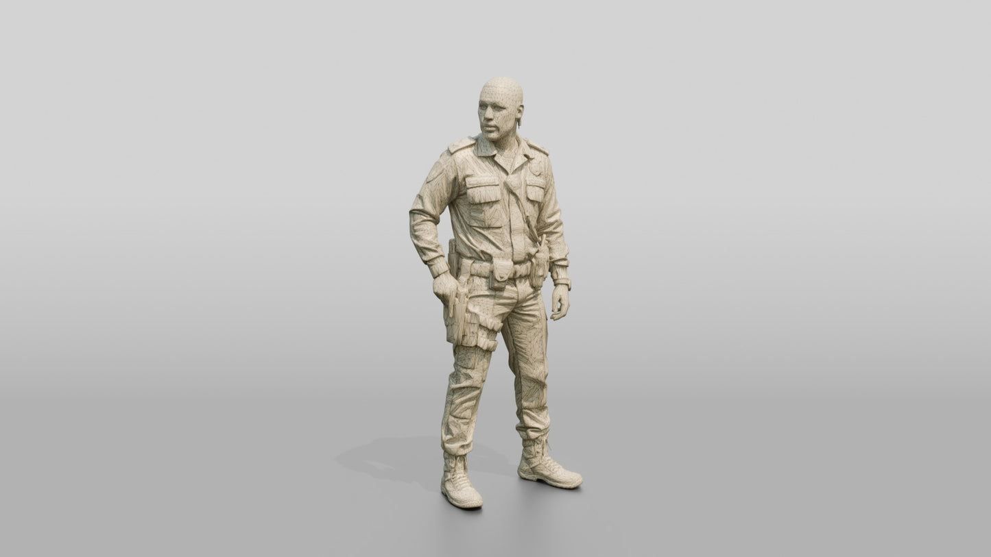 Slim Black Male Guard in a Navy Blue Tactical Uniform