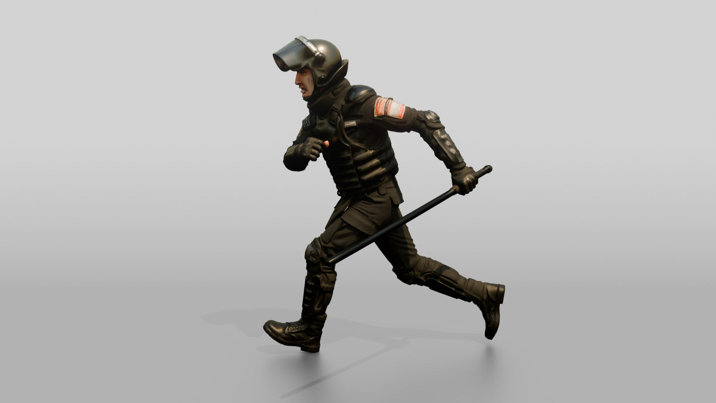 Riot Police Officer Running with Baton
