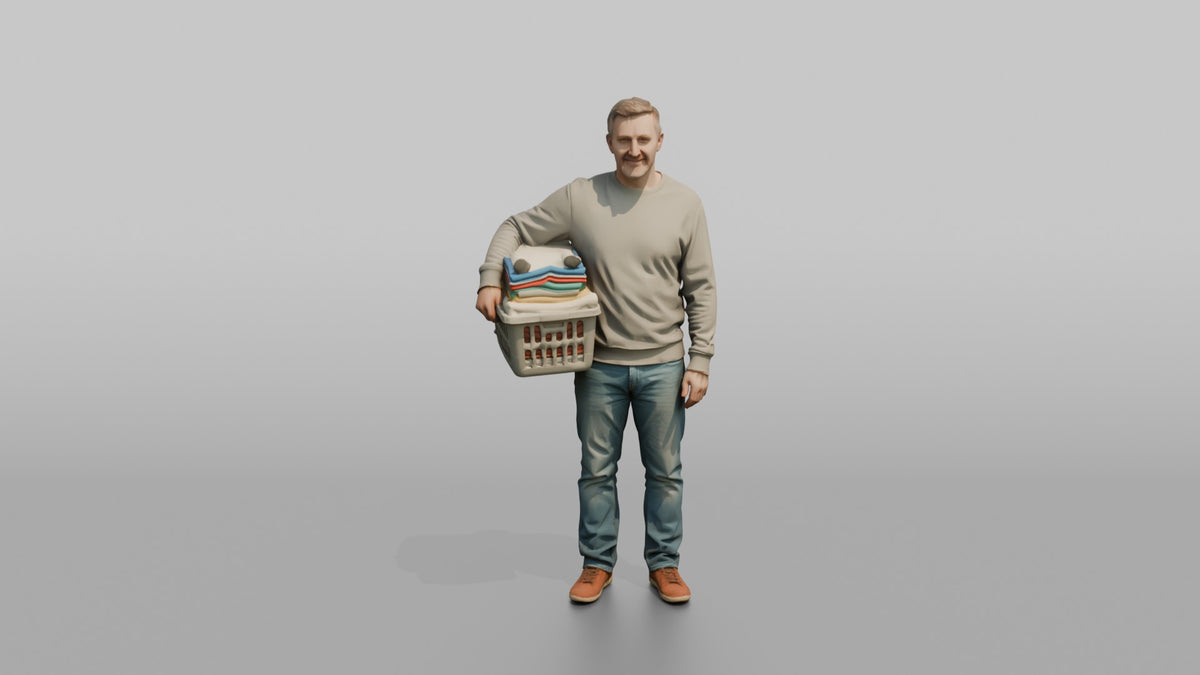 Father Carrying A Laundry Basket Full Of Folded Clothes On One Hip - 3D character model, view 5