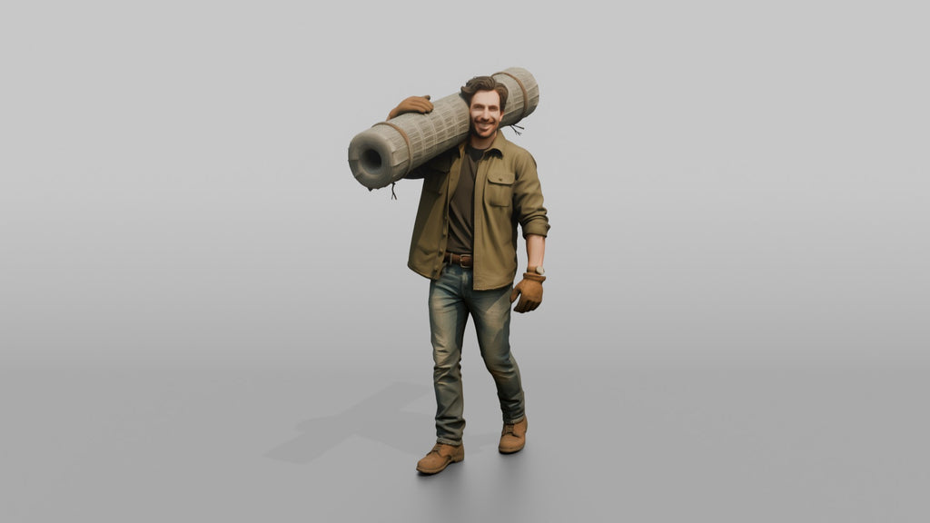 Farmer Carrying Heavy Roll Of Wire Mesh Fencing