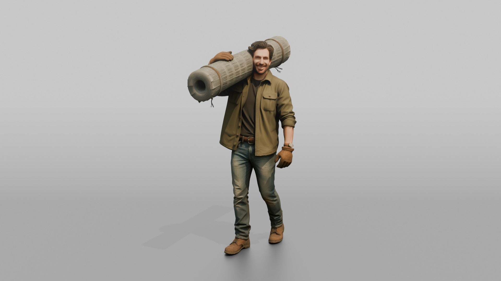 Farmer Carrying Heavy Roll Of Wire Mesh Fencing