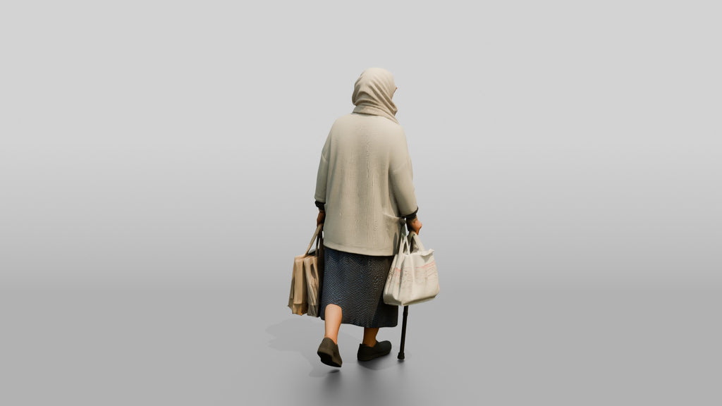 Elderly Slender Syrian Woman in Hijab Carrying Shopping Bags