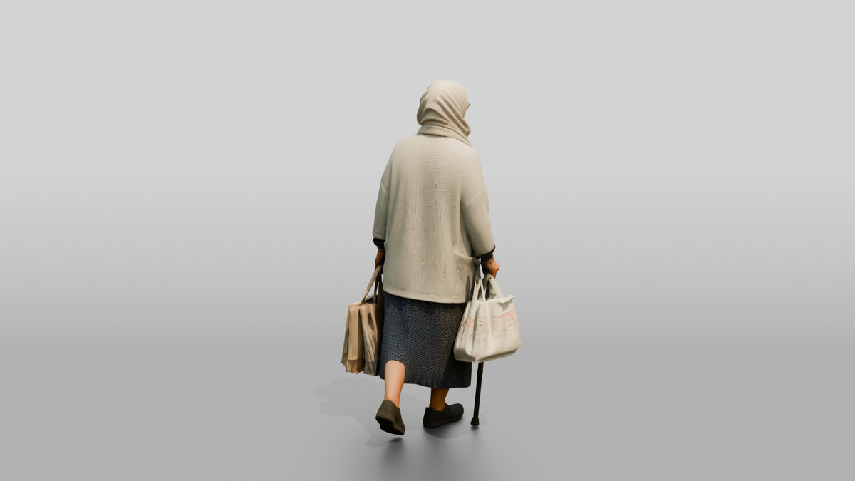 Elderly Slender Syrian Woman in Hijab Carrying Shopping Bags - 3D character model, view 3