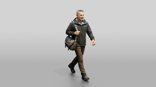 White Man Briskly Walking in Blue Rain Jacket - 3D character model, view 1