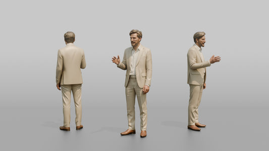 European Man in a Linen Suit, Gesturing Mid-Conversation