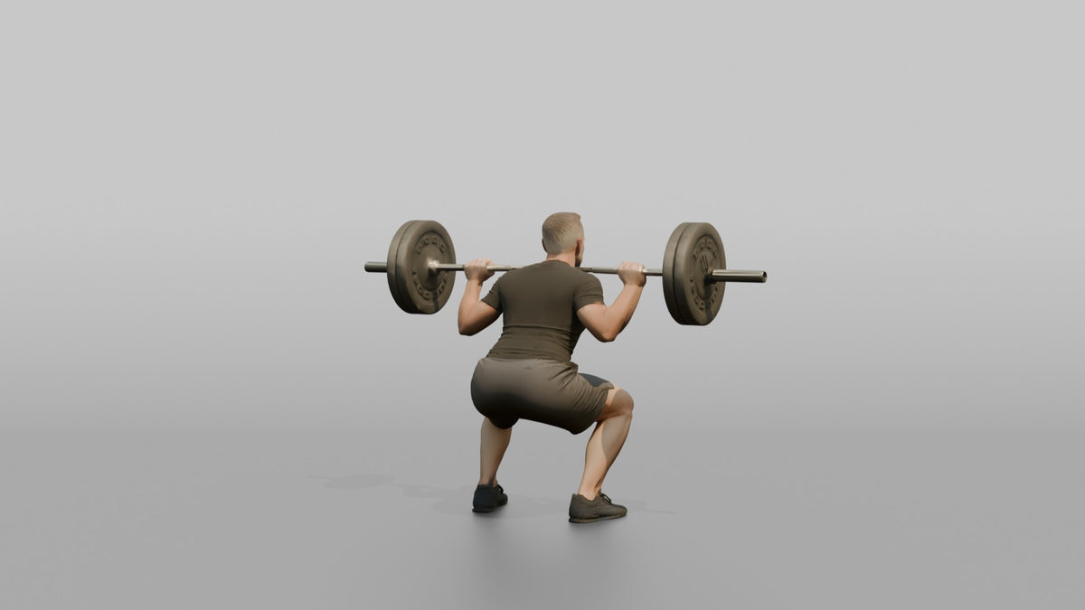 Weightlifter Man Holding A Barbell Across The Shoulders In A Squat Stance - 3D character model, view 3