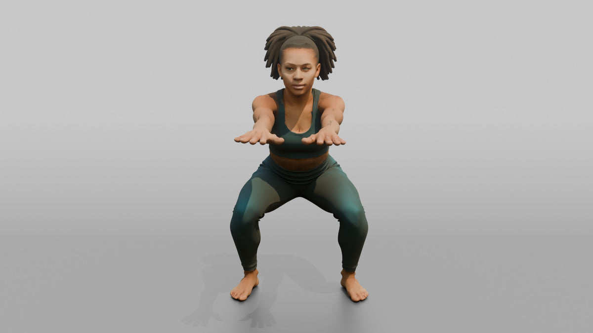 Fitness Influencer Woman Doing A Bodyweight Squat, Arms Extended Forward - 3D character model, view 4