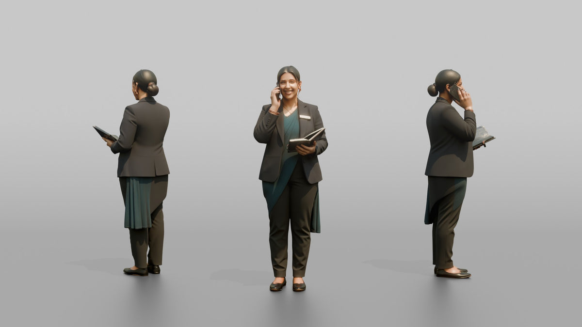 Host Woman Holding A Phone, Taking A Reservation Call - 3D character model, view 1