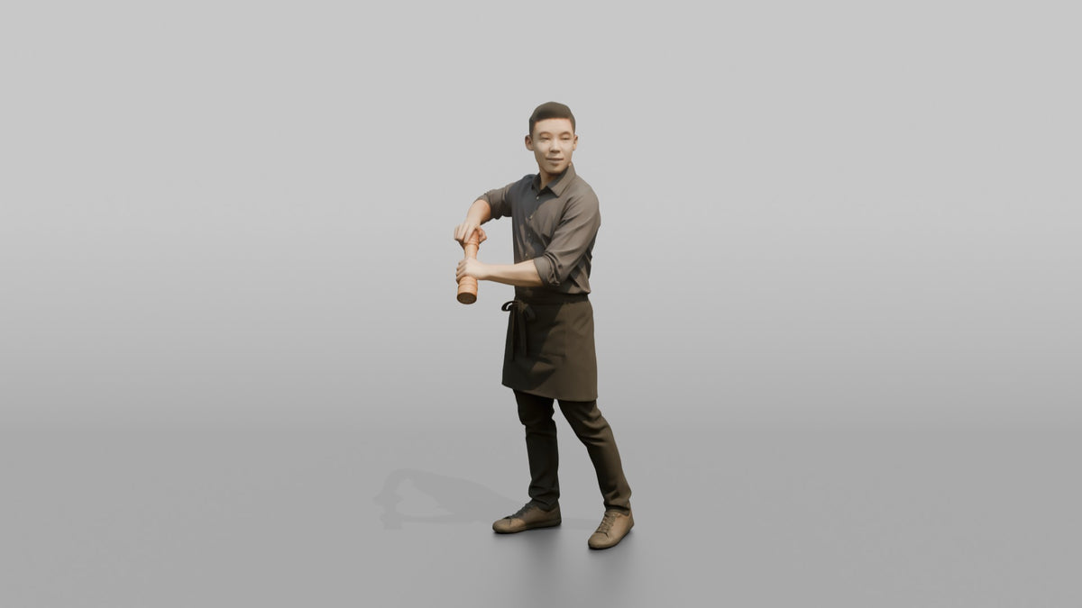 Server Woman Holding A Pepper Grinder, Mid-grind - 3D character model, view 4