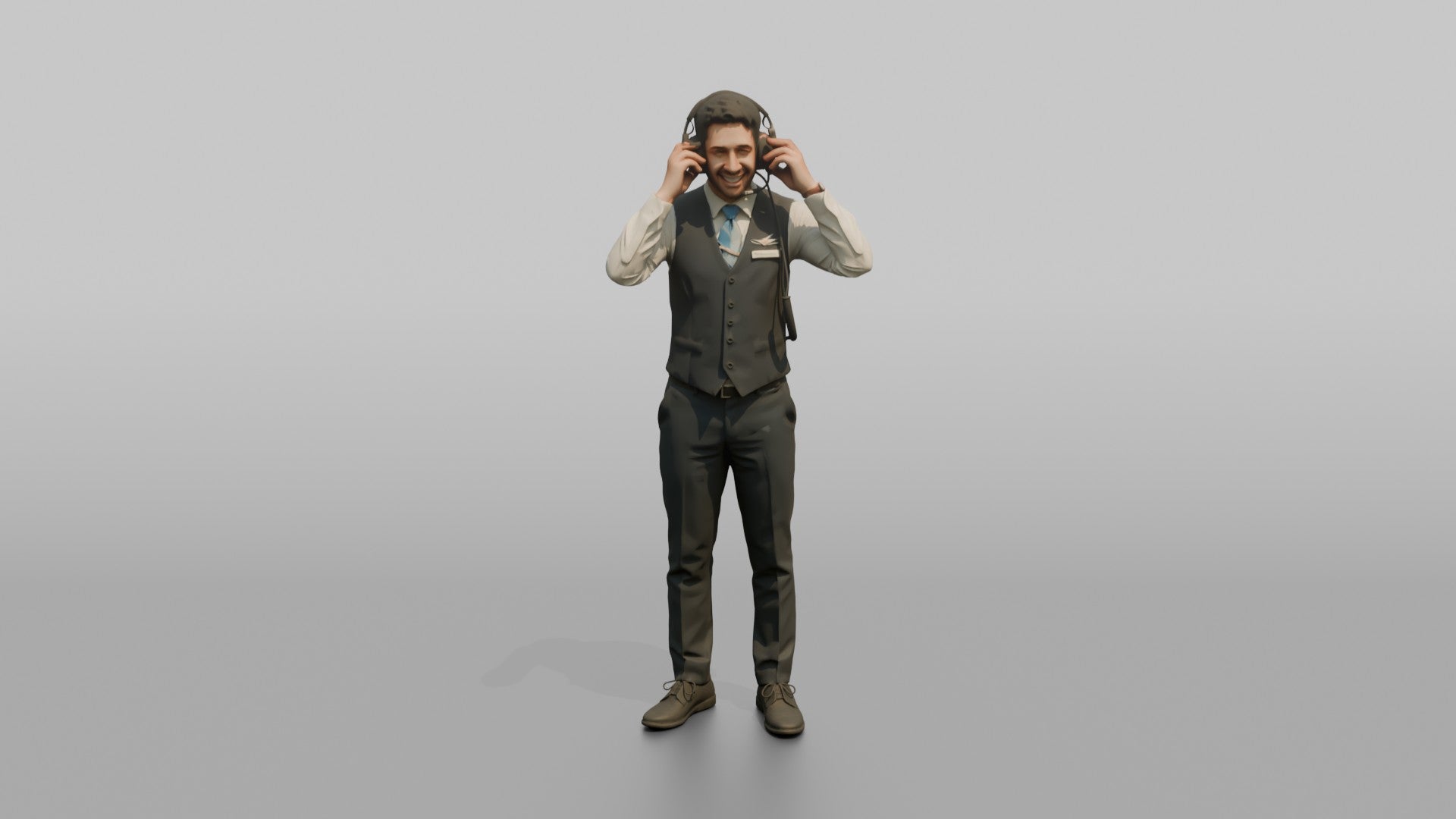 East Asian Flight Attendant Handing Out Headphones