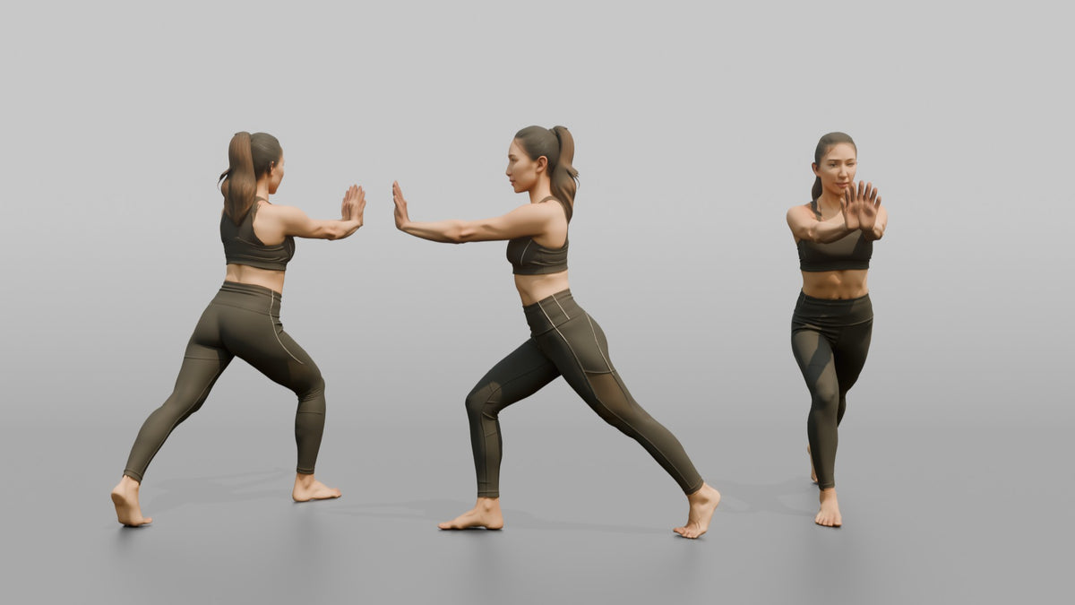 Fitness Influencer Woman Doing A Calf Stretch Against An Invisible Wall - 3D character model, view 1