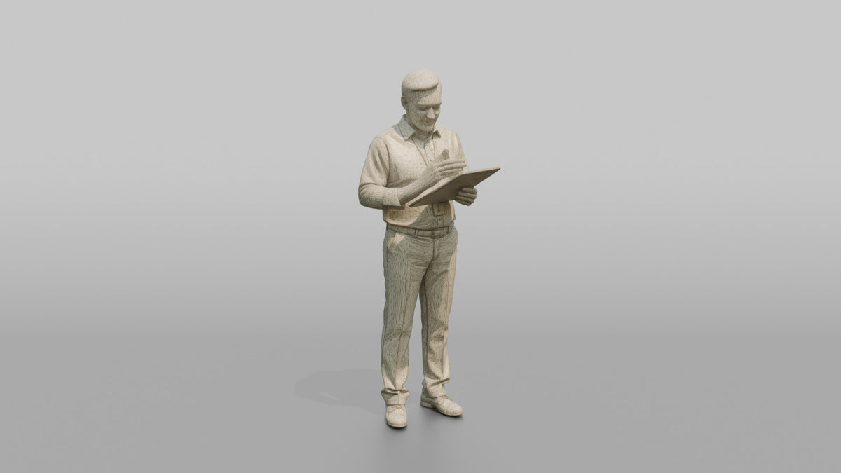Man Store Manager Reviewing An Inventory Clipboard - wireframe topology preview