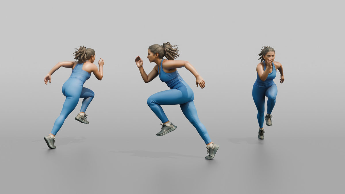 Cardio Athlete Woman In A Sprinting Stance, Leaning Forward - 3D character model, view 1