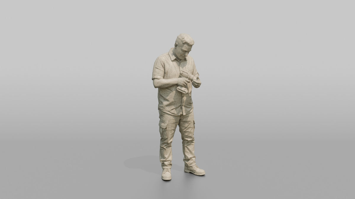 Father Holding A Power Drill, Examining It - wireframe topology preview