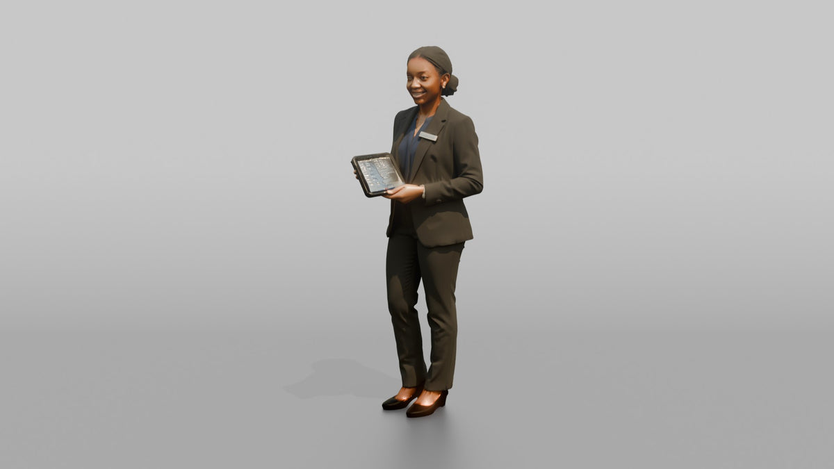 Host Woman Holding A Tablet POS Device - 3D character model, view 4