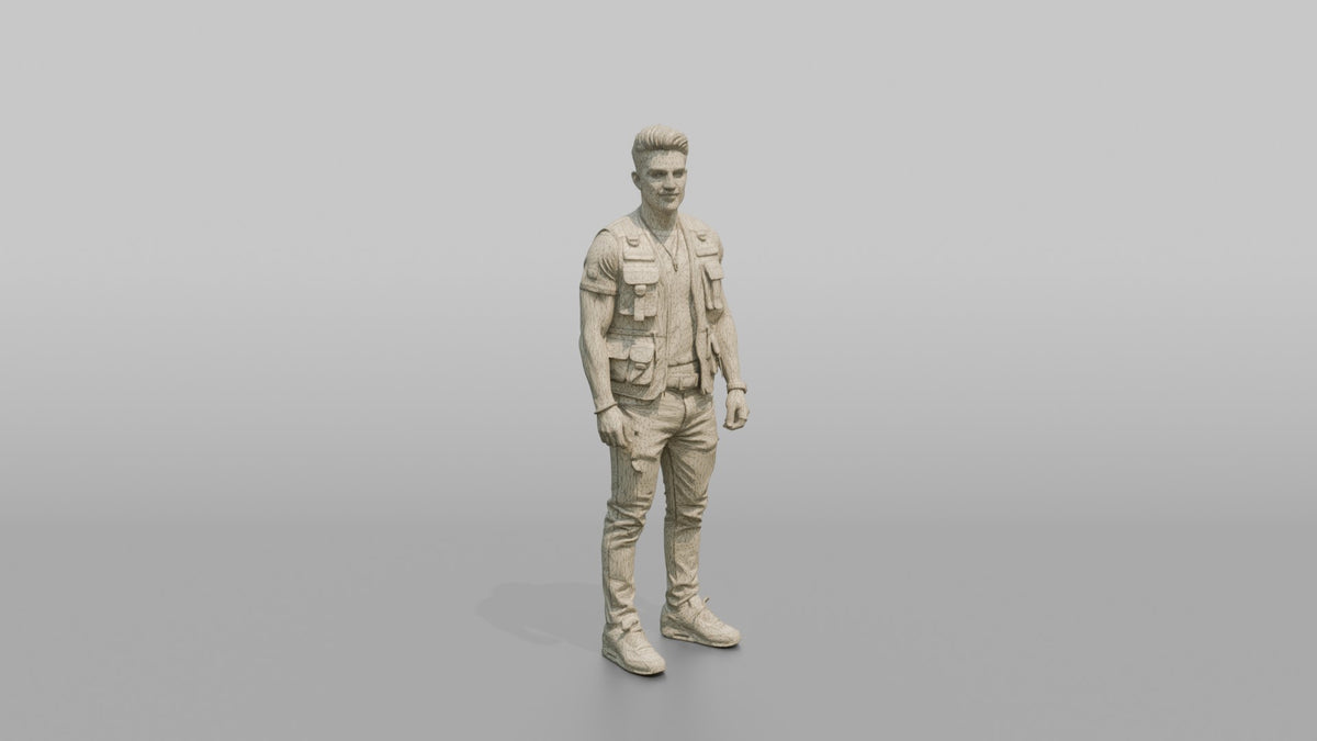 Patron Man Wearing An Urban Streetwear Vest Over A Bright Graphic Tee - wireframe topology preview