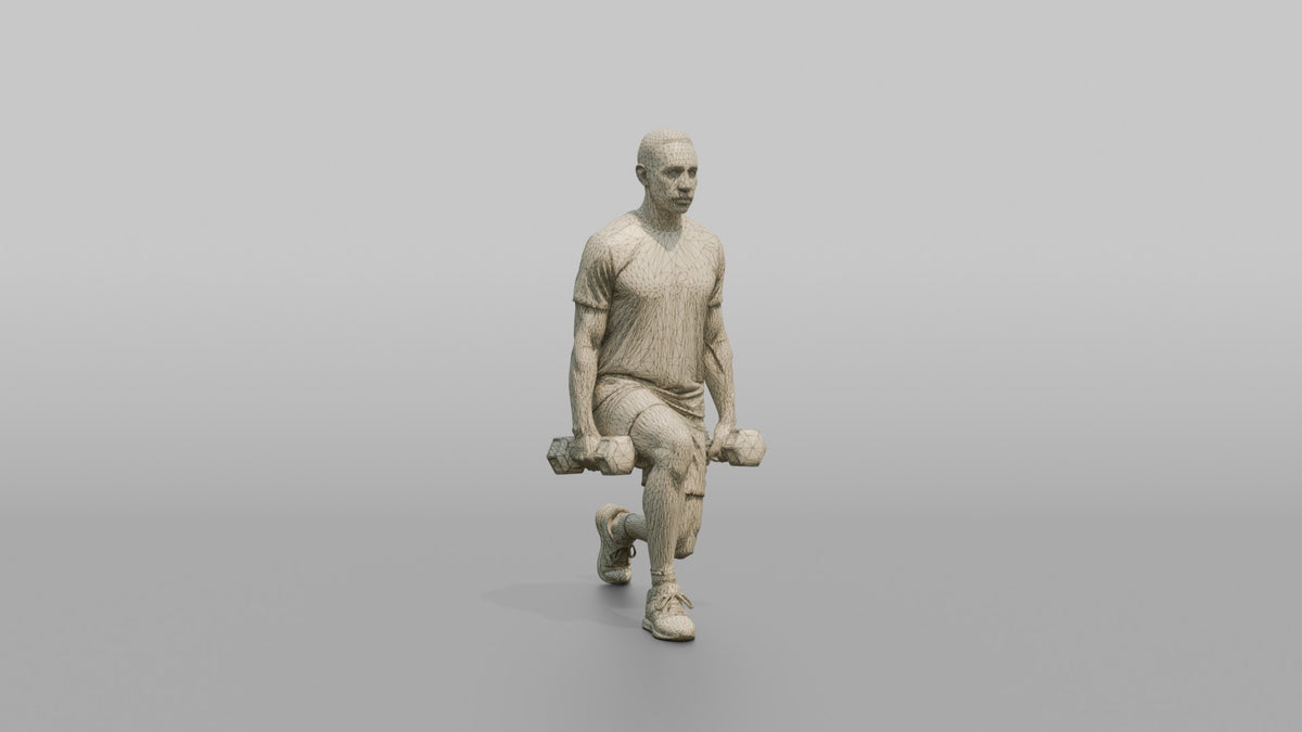 Weightlifter Man Holding Two Dumbbells At The Sides Mid-lunge - wireframe topology preview