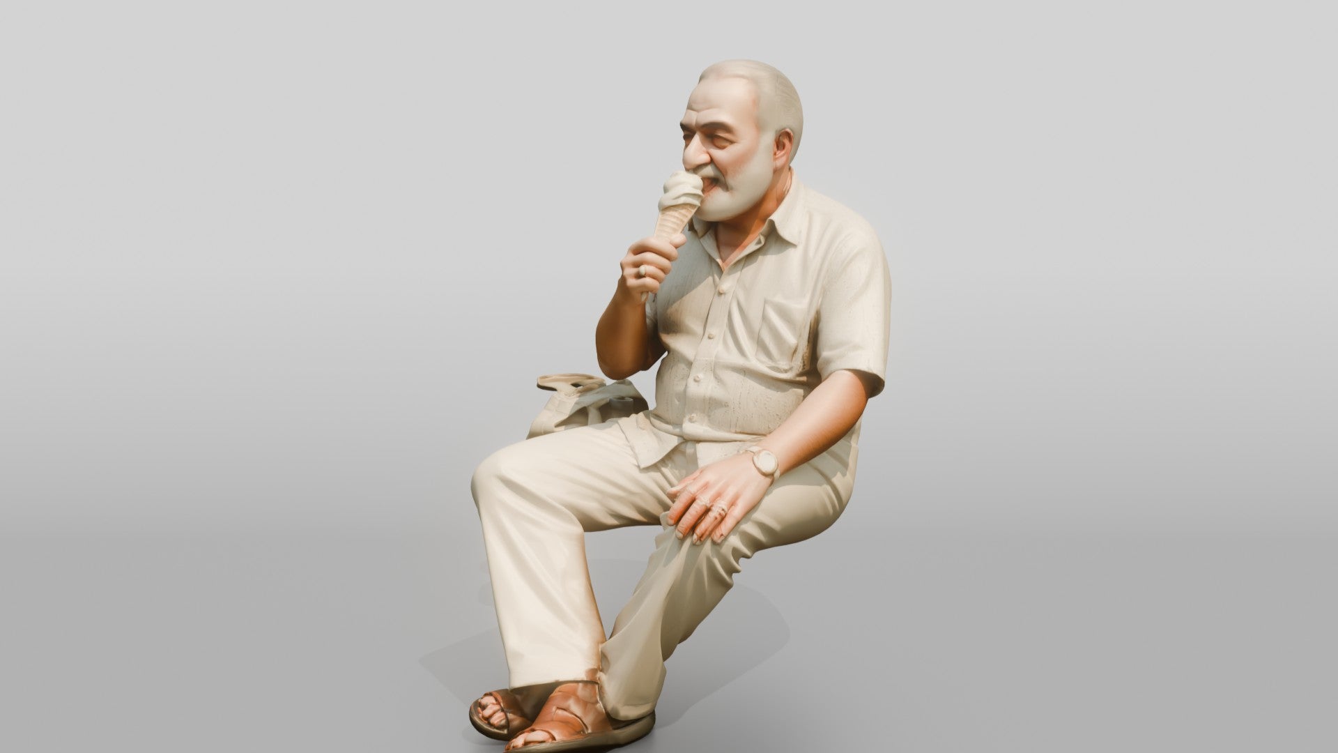 Stocky Elderly Persian Man Eating an Ice Cream Cone