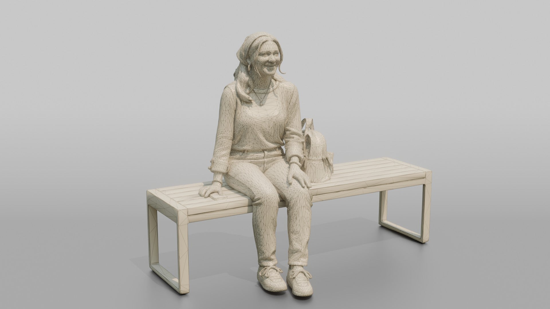 Young Woman Sitting on Bench with Backpack