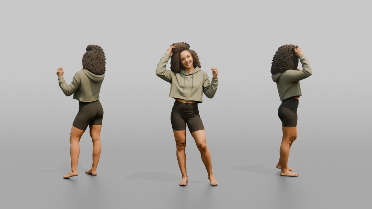 Fitness Influencer Woman Standing With Hands Running Through Hair - 3D character model, view 1