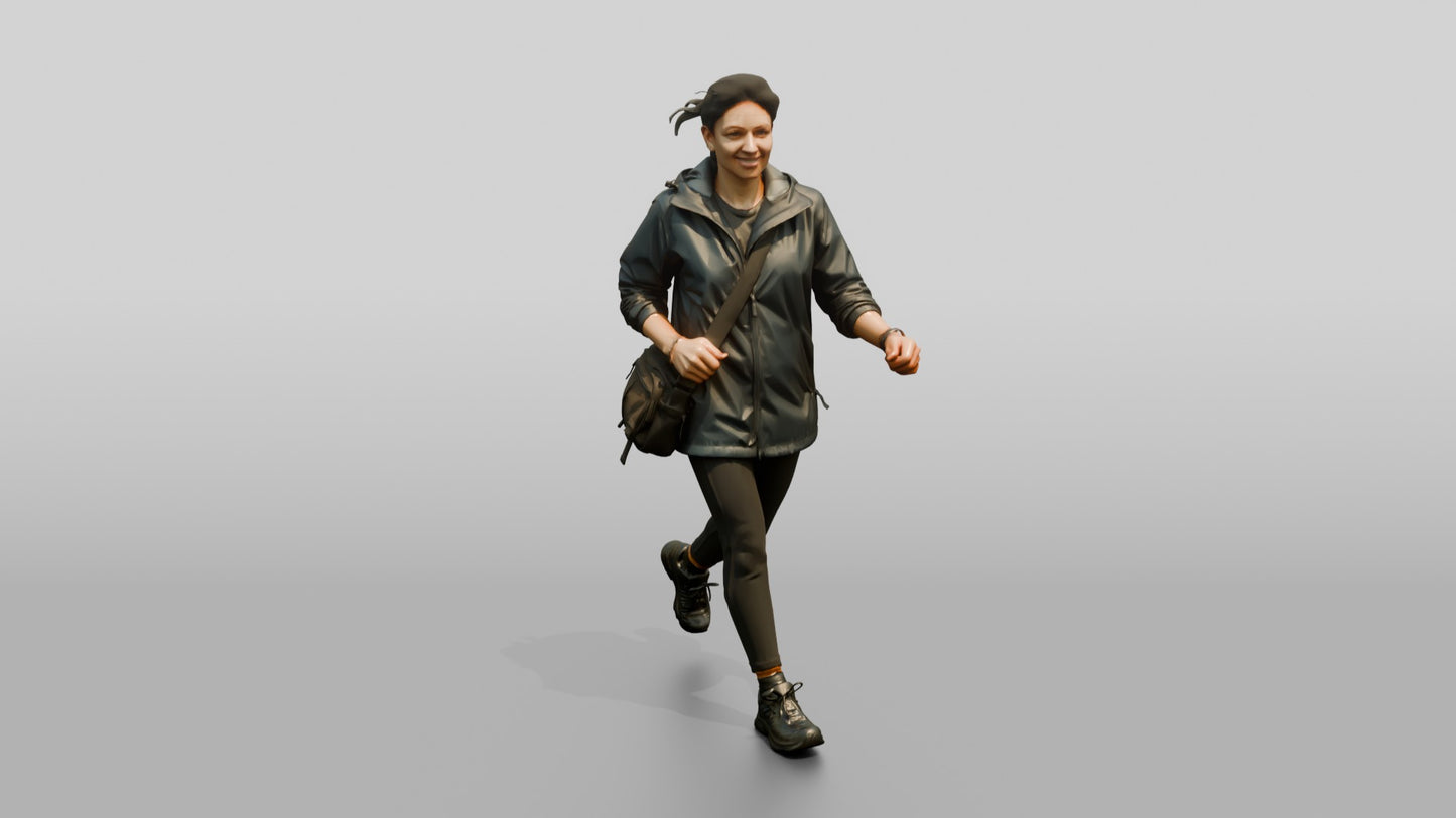 Indian Woman Walking Briskly in Dark Raincoat