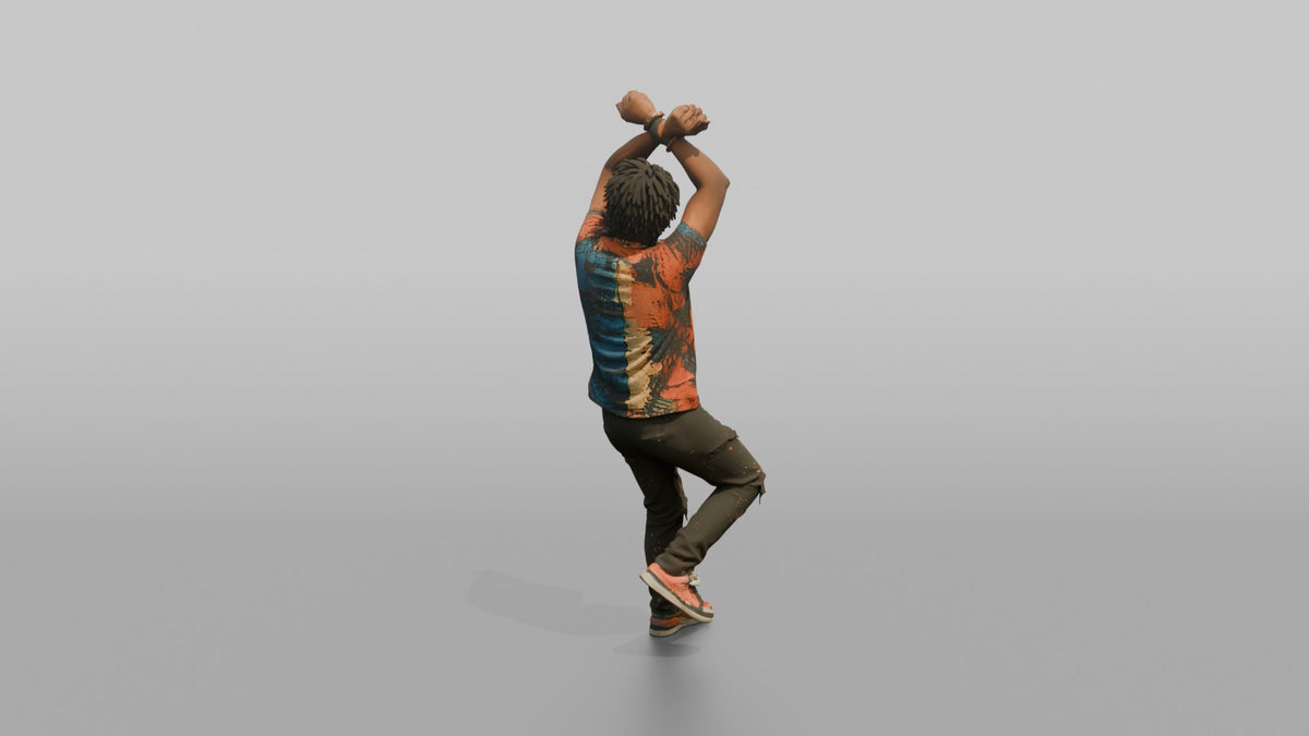 Patron Woman Dancing With Both Arms Crossed Overhead, Colorful Streetwear - 3D character model, view 3