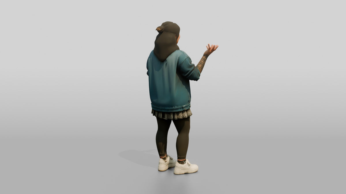 Asian Woman Laughing with Tattoo Sleeve - 3D character model, view 3