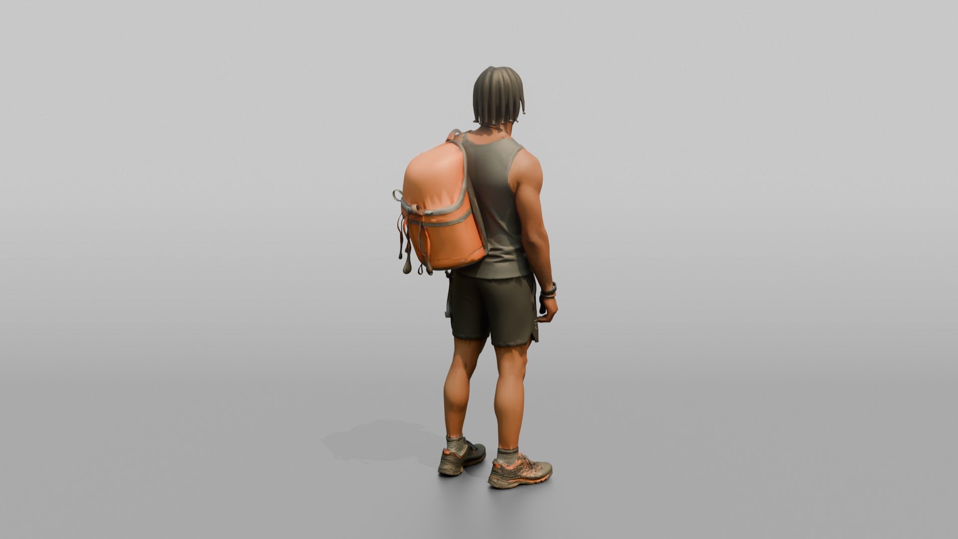 Hiker Slinging a Pack Over One Shoulder