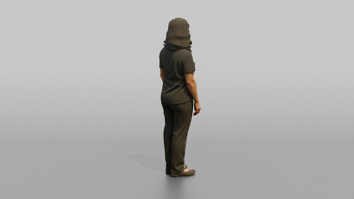 Host Woman Standing With A Warm Welcoming Smile, Arms At Sides - 3D character model, view 3