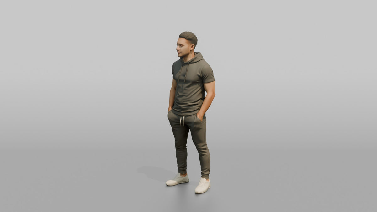Fitness Influencer Man Standing With Hands In Pockets, Looking To The Side - 3D character model, view 4