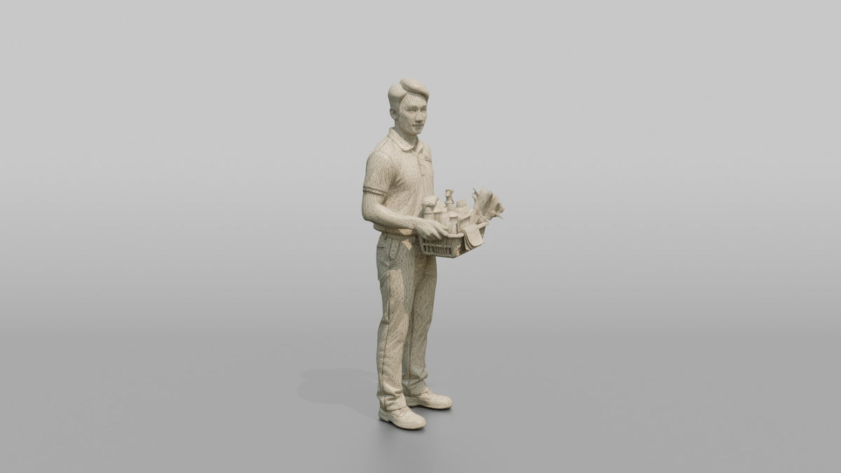 Housekeeping Staff Woman Carrying A Basket Of Cleaning Supplies - wireframe topology preview