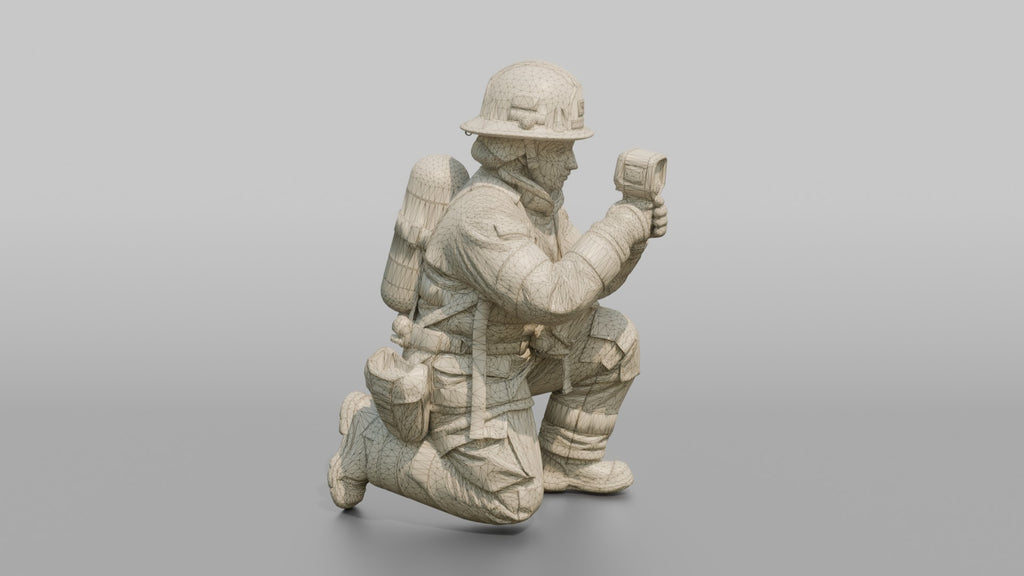 Firefighter Woman Crouching While Scanning Ahead with a Handheld Thermal Imaging Camera
