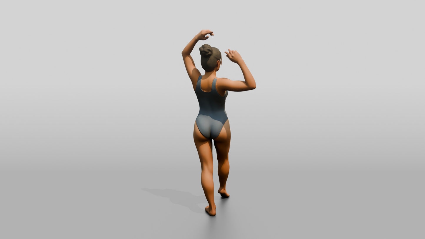 Woman in Grey Bodysuit Posing with Arms Raised