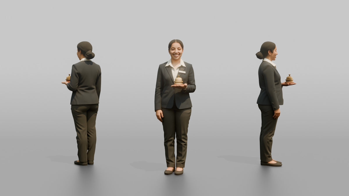 Receptionist Man Holding A Small Front-desk Bell - 3D character model, view 1