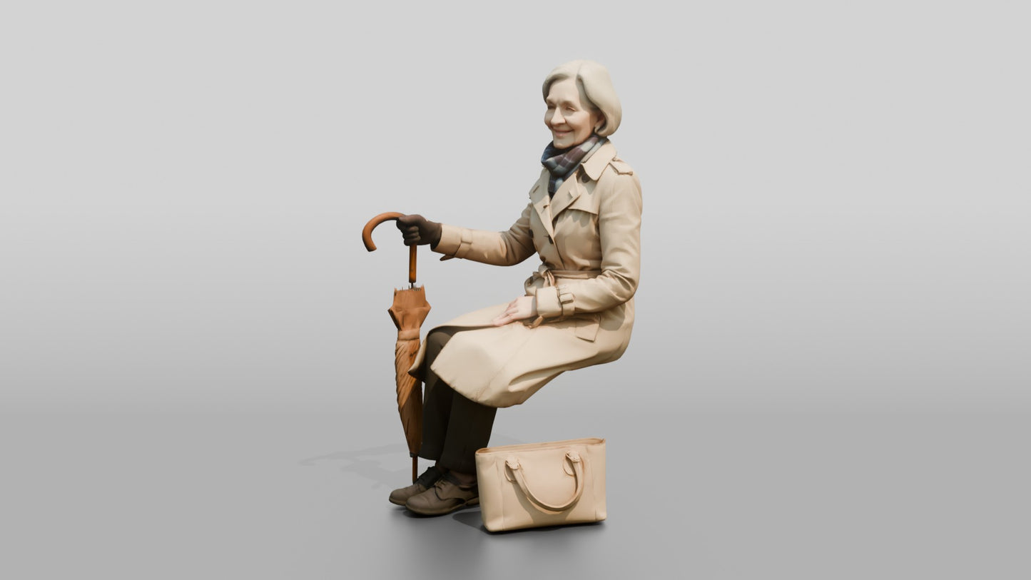 Elderly White Woman in Beige Raincoat on Bench