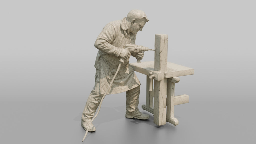 Farmer Drilling Hole Into Fence Timber Post