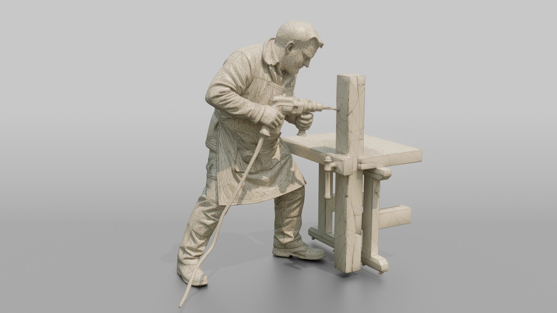 Farmer Drilling Hole Into Fence Timber Post