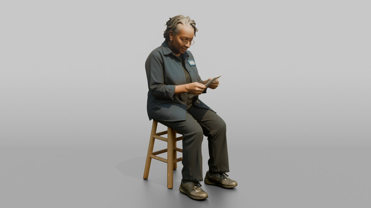 Woman Store Clerk Sitting On A Stool Reading A Receipt - 3D character model
