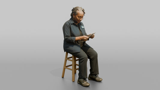 Woman Store Clerk Sitting On A Stool Reading A Receipt - 3D character model