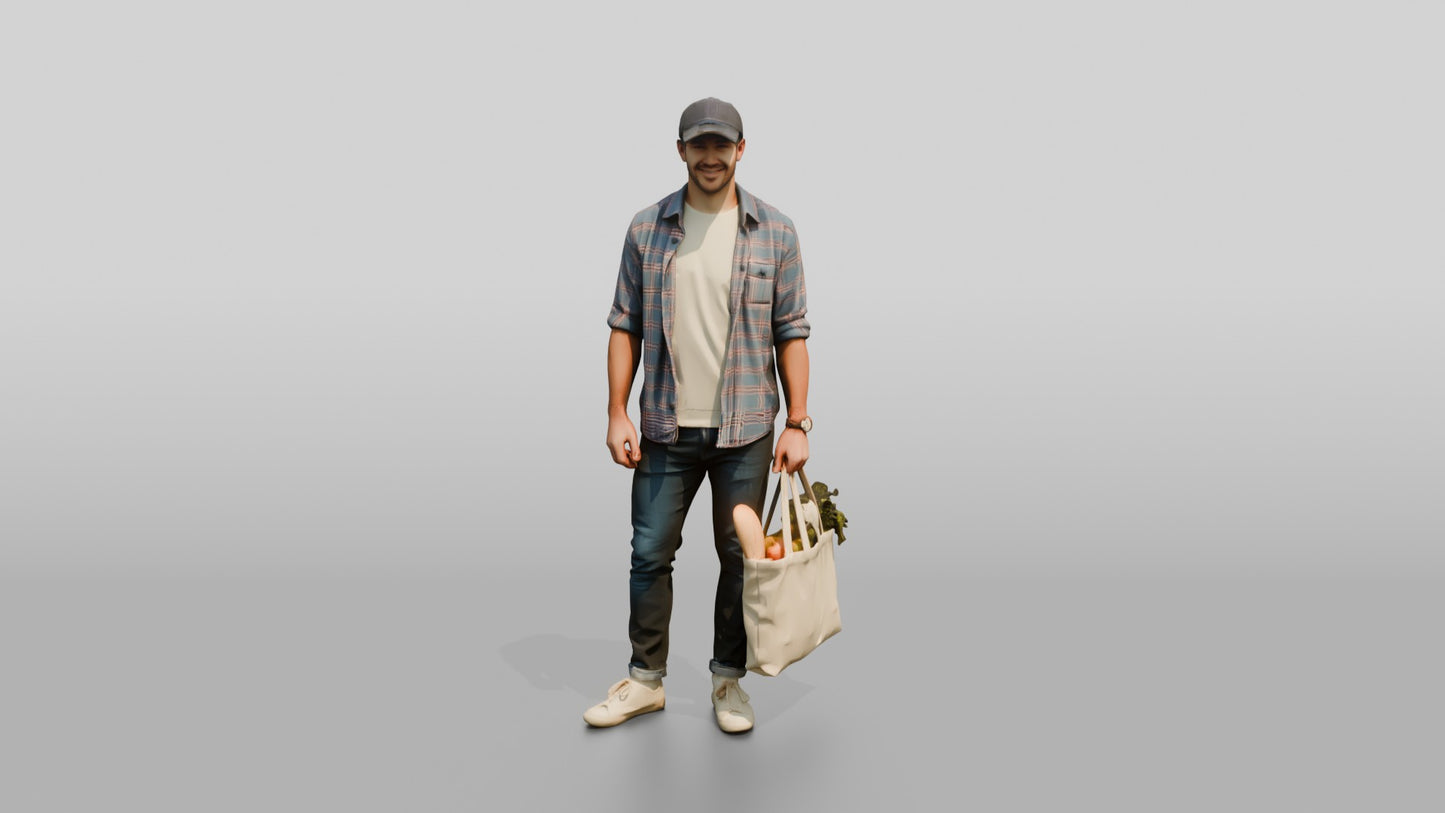Caucasian Man in Flannel Shirt with Grocery Bag