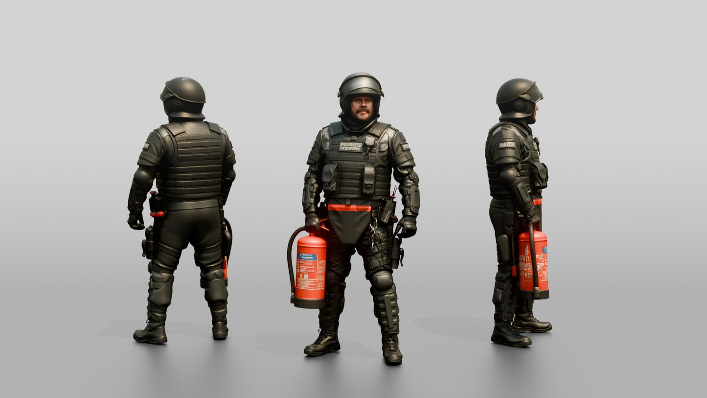 Riot Police Officer with Fire Extinguisher