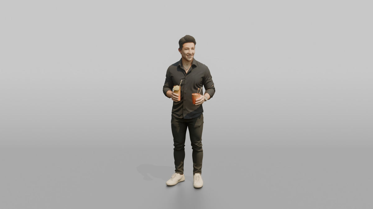 Patron Man Holding Two Drinks, One In Each Hand - 3D character model, view 5